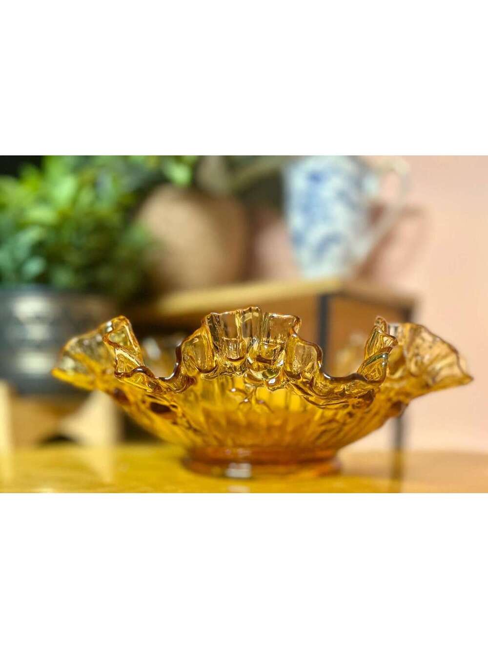 Fenton Rosene Amber Glass Ruffled Bowl Vintage Embossed Cabbage Rose Dish